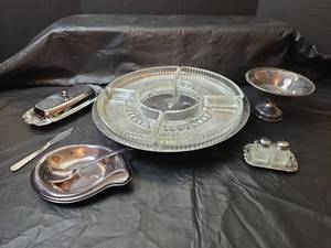 lot 3021 image: Chrome Lazy Susan with Glass Inserts,  Butter Dish with Glass Insert, Mini Salt and Pepper Shakers and More