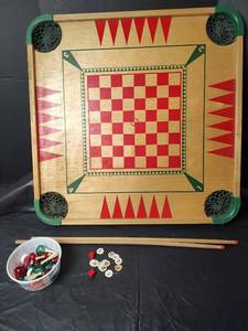 lot 3044 image: Vintage Double-Sided Wooden Game Board - Checkers and Carrom Set includes Wooden Cue Sticks and Game Tokens