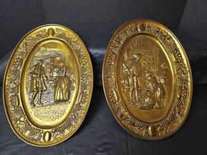 lot 3062 image: Embossed Metal Colonial Scene Wall Plates - Set of 2, 11 wide x 15 tall