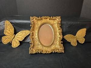 lot 3063 image: Gold Butterfly Wall Decor Set with Ornate Mirror