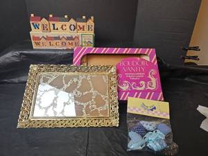 lot 3070 image: Home Decor Collection - NIB Bathroom Vanity Mirror Tray, NIB Welcome Wood Blocks and NIP Heart Garland