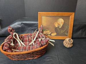 lot 3071 image: Daily Bread Print with Oak Frame, Woven Basket with Fabric Liner and Small Decorative Basket