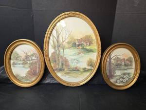 lot 3073 image: Set of 3 Oval Framed Countryside Landscape Prints