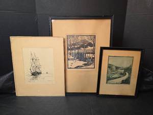 lot 3079 image: VTG 1930s Pen and Ink Collection of Maritime and Rural Prints