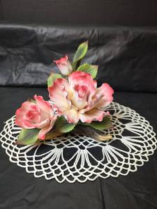 lot 3082 image: Andrea by Sadak Gallery Originals Pink Rose Porcelain Floral with Lace Doily