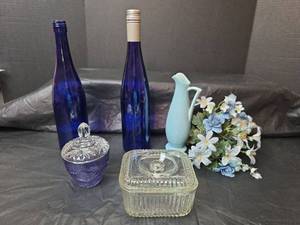 lot 3085 image: Anchor Hocking 1930s Refrigerator Dish with Lid,  Blue Glass Candy Dish with Clear Lid, Cobalt Blue Wine Bottles and More