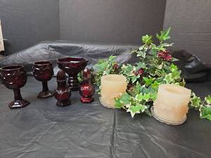 lot 3086 image: Avon Glass Set - Ruby Goblets, Salt and Pepper Shakers, Candy Dish and Cream Candles with Crystal Holders