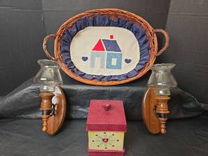 lot 3089 image: Wooden Wall Sconces with Glass Hurricanes, Tin Box with Lid and Wicker Basket with Liner