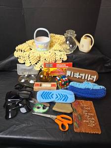 lot 3090 image: Mixed Lot - Hand Crochet Pale Yellow Doiley, Sunglasses, Glasses, Games and More