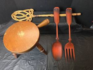 lot 3091 image: 3 Legged Stool, Metal Fork and Spoon, 21 inches and Wicker Rug Beater