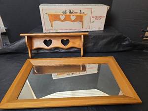 lot 3095 image: Sweetheart Wood Wall Shelf with Heart Cutouts 17.5 wide x 7 tall x 4 deep,  Mirror  with Wood Frame 23 wide x 13.5 tall