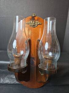 lot 3119 image: Eagle Crest Double Hurricane Wood Wall Sconce, 9 wide x 18 tall