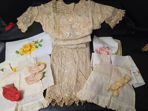 lot 3151 image: Victorian Era Dress and Baby Clothes with Accessories and Handpainted Floral Fabrics