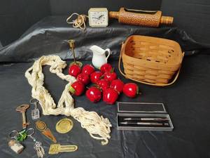 lot 3166 image: Mixed Lot - Longaberger Handwoven Basket Stamped and Dated, Electric Timex Clock, Papermate Pen Set, Key Chains and More