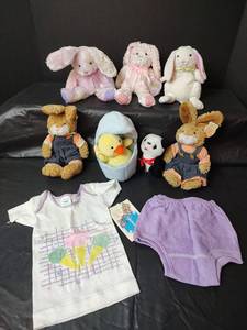 lot 3174 image: Easter Plush Bunny Collection with 12 Month Baby Outfit and More