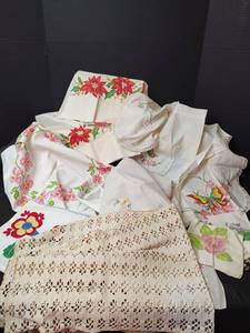 lot 3179 image: Vintage Handmade Dresser Runners Embroidered and Crochet, Apron, Pillowcases and Small Tablecloths