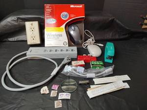lot 3188 image: Microsoft Wireless Optical Mouse with Office Accessories, Surge Protector, Telemax Surge Protector, Stapler and More