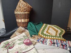 lot 3211 image: Assorted Throw Rugs, Runner, Crochet Pillow Case, Wastebaskets and Green Tablecloth