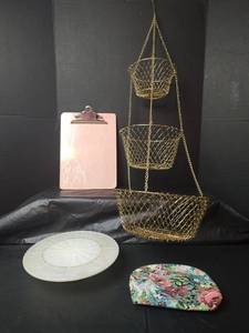 lot 3214 image: Vintage White Milk Glass 10 inch Cake Pedestal Stand, 3-Tier Gold Wire Hanging Basket and More