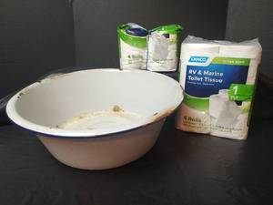 lot 3215 image: Vintage White Enamelware Basin with RV Toilet Paper