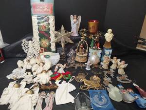 lot 3230 image: Holiday Ornament Collection with Angels and Nativity, Candle Holder and More. Some VTG pieces