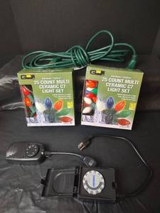 lot 3236 image: C7 Ceramic Multicolor Christmas Light Set with Timer Bundle and Extension Cord