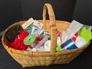 lot 3244 image: Christmas Wrapping Supply Basket with Ribbons