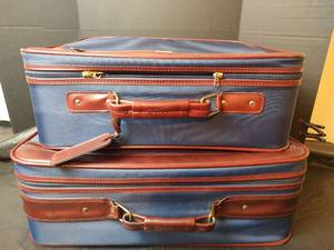 lot 3267 image: Samsonite Navy Blue Luggage Set with Brown Leather Trim, Like New