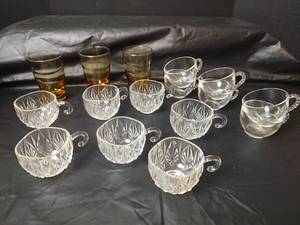 lot 3279 image: Mixed Glass Drinkware Set - Cut Crystal Cups and Amber Tumblers