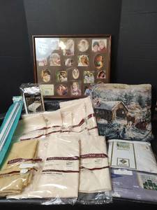 lot 3285 image: Tailored Panel Curtains Bundle, See Pictures for Sizes, Cream Colored, Swag, Curtain Rods, Doiley and More