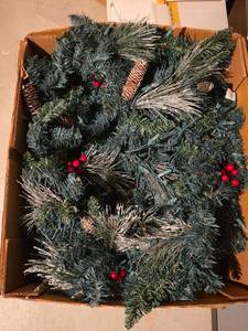lot 3306 image: Frosted Pine Christmas Wreath with Red Berries- Long Swags
