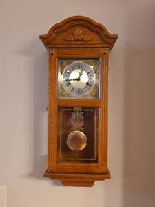 lot 55 image: Oak Wall Clock with Brass Pendulum, Manual, and Key