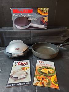 lot 219 image: Maxim Electric Crepe Maker, GT Xpress 101 Cooker with Recipe Books, and Non-Stick Skillet