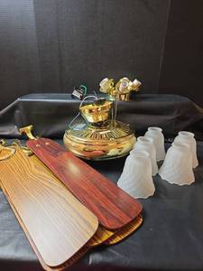 lot 258 image: Polished Brass Ceiling Fan with 2- Sided Wood Blades and Frosted Shades Untested