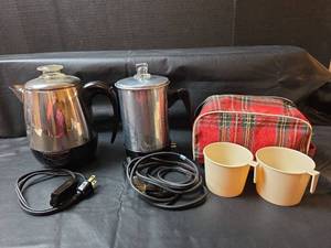lot 281 image: Farberware Superfast Electric Coffee Percolator and Travel Electric Percolator with Mugs