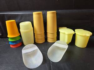 lot 308 image: Tupperware Storage Containers, Scoops, and Drinking Cups