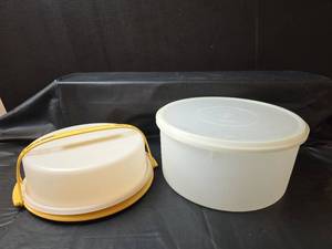 lot 314 image: Tupperware Round Cake Taker Container with Yellow Handle and Large Round Storage Bowl
