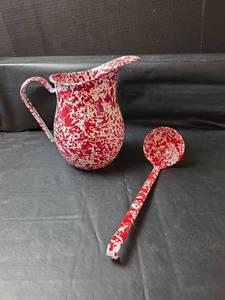 lot 333 image: Red Splatter Enamelware Pitcher and Ladle Set