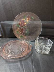lot 338 image: Pink Depression Glass Cake Plate, Pink Floral Glass Tray, and Dish