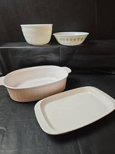 lot 346 image: Corning Ware White Cookware Set, Mixing Bowl, and Corelle Serving Bowl