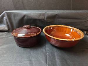 lot 353 image: Brown Glass Casserole and Serving Bowl