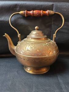 lot 359 image: Brass Etched Teapot with Wooden Handle Stamped India on Bottom