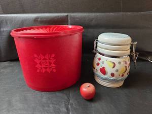 lot 361 image: Tupperware Red Servalier Canister with Sunburst Lid and Apple Decor