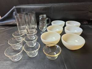 lot 368 image: Fire King White Glass Bowl Set, Custard Cups, and Drinkware