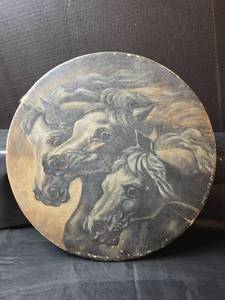 lot 388 image: Round Oil Painting of Wild Horses by Lydia Voth of Moundridge Ks