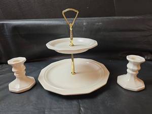lot 395 image: Pfaltzgraff Tiered Tray and 2 Candlesticks