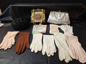lot 408 image: 1950s Evening Accessory Collection - Fownes Gloves, Tapestry Purses, and Hat