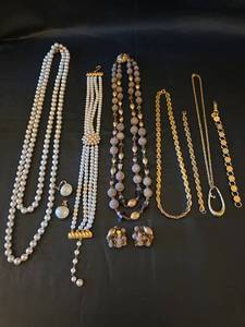 lot 450 image: Pearls, Gold Toned Necklaces,  and Frosted Bread Necklace with Clip Earrings