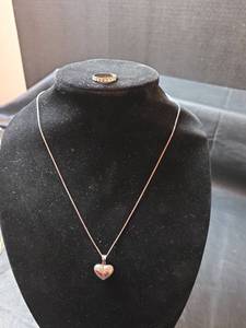 lot 474 image: Sterling Silver Heart Necklace with 925 Heart Band Ring Size 7.25, total wt. 5.92gm