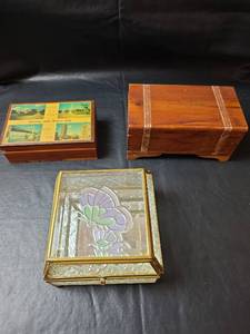 lot 486 image: Glass Butterfly Jewelry Box and 2 Cedar Jewelry Boxes
